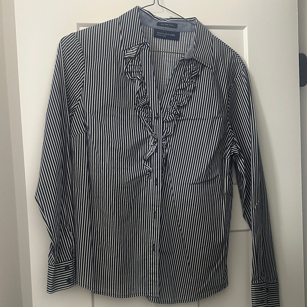 Jones New York Monochrome Navy & White Striped Ruffle Shirt